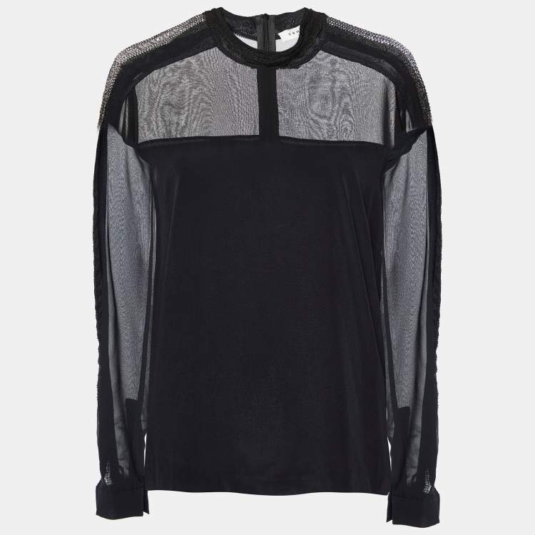 Pre Owned Sandro Black Silk & Knit Paneled Long Sleeve Top M