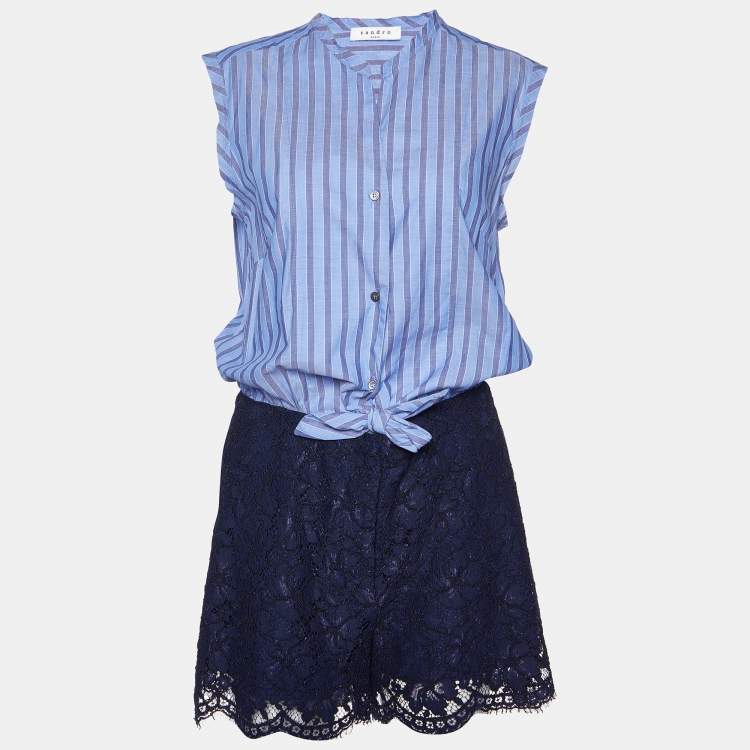 Pre Owned Sandro Blue Floral Lace and Pinstripe Cotton Playsuit M