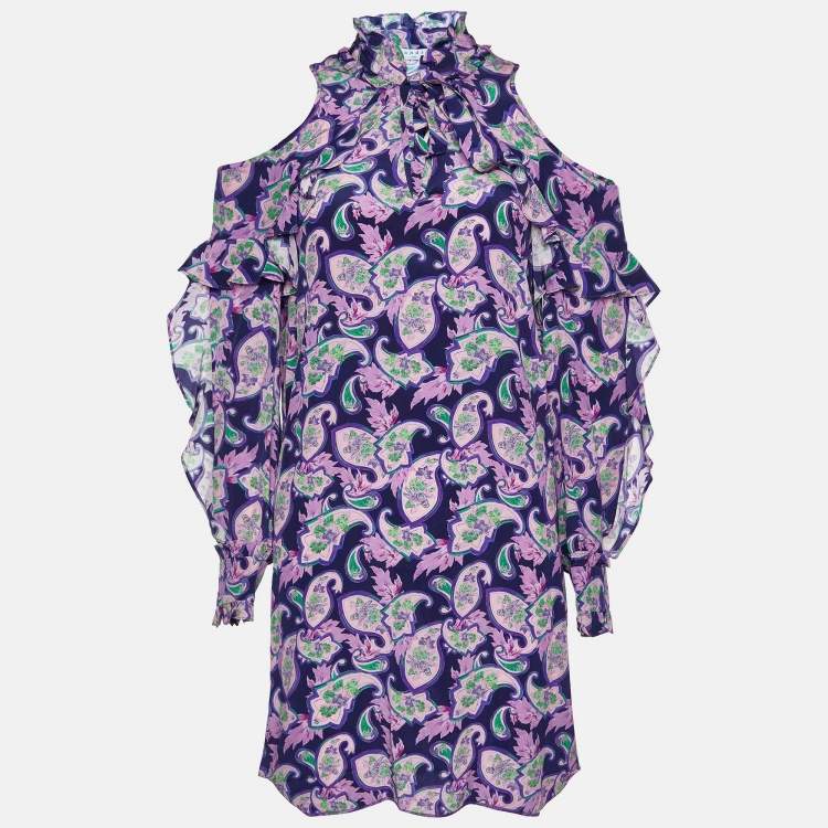 Pre Owned Sandro Purple Paisley Print Silk Ruffled Mini Dress S