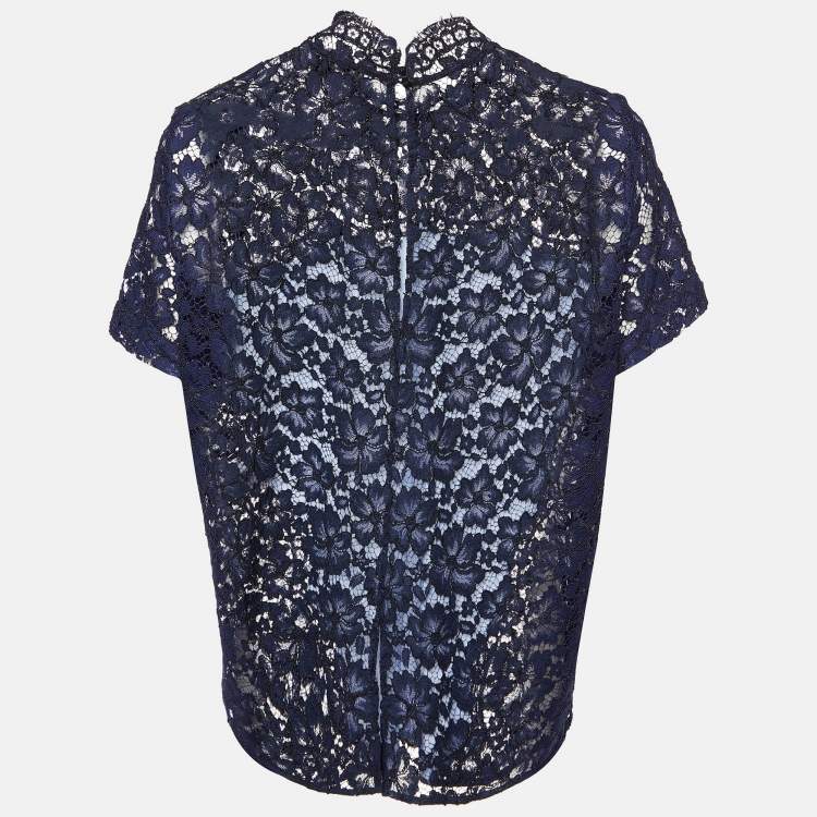 Pre Owned Sandro Blue Lace and Cotton High Neck Blouse M