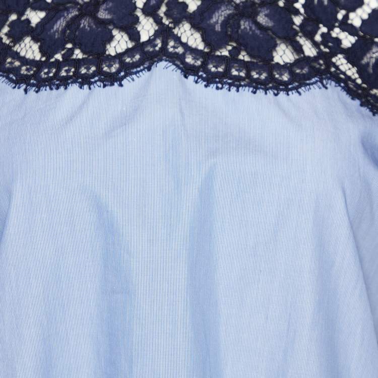 Pre Owned Sandro Blue Lace and Cotton High Neck Blouse M