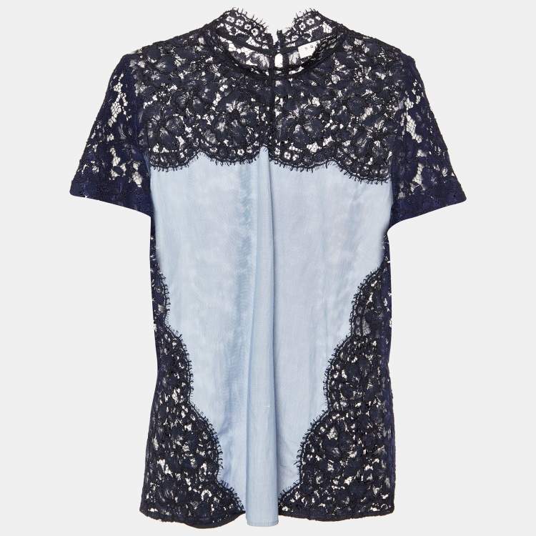 Pre Owned Sandro Blue Lace and Cotton High Neck Blouse M
