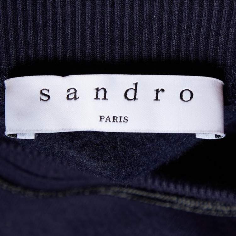 Pre Owned Sandro Navy Blue Cotton Blend Knit Embellished Sleeve Sweatshirt S