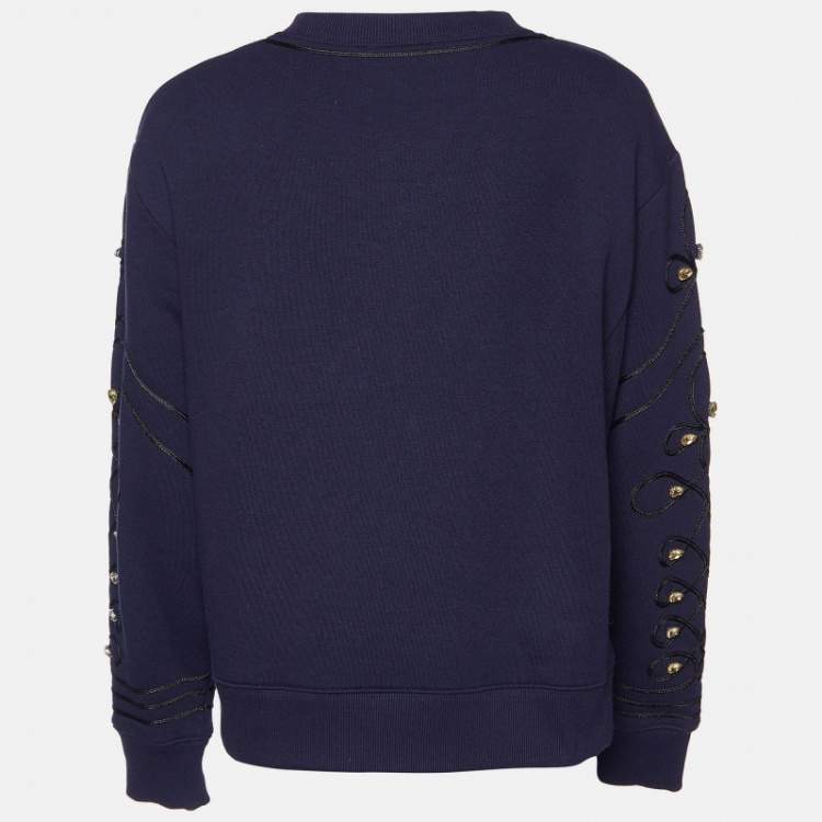 Pre Owned Sandro Navy Blue Cotton Blend Knit Embellished Sleeve Sweatshirt S