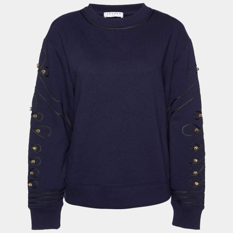 Pre Owned Sandro Navy Blue Cotton Blend Knit Embellished Sleeve Sweatshirt S