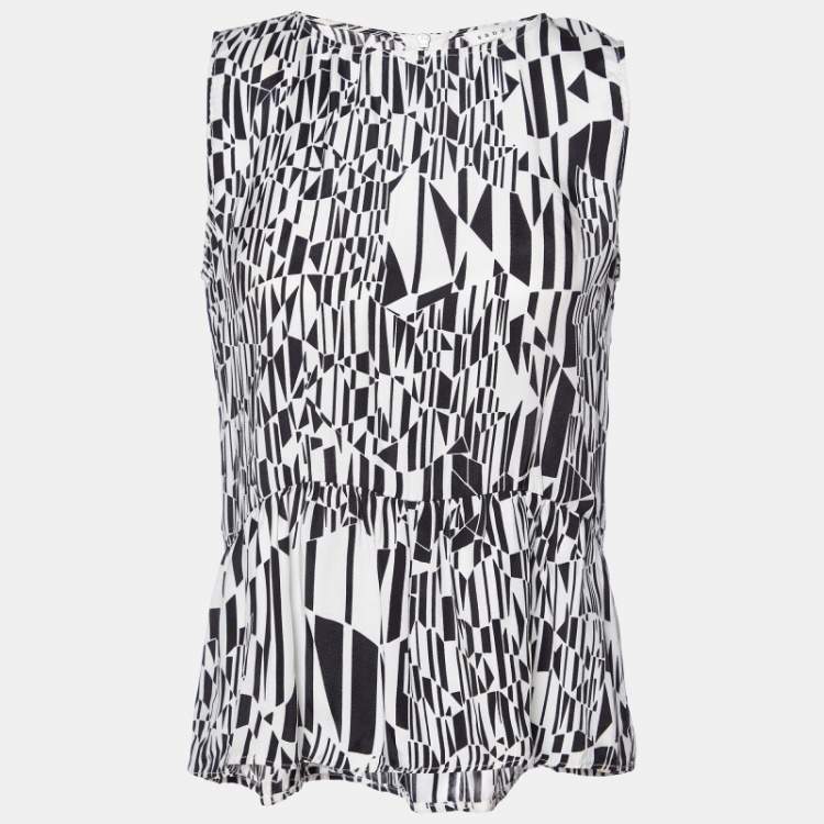 Pre Owned Sandro Monochrome Printed Sateen Peplum Top S