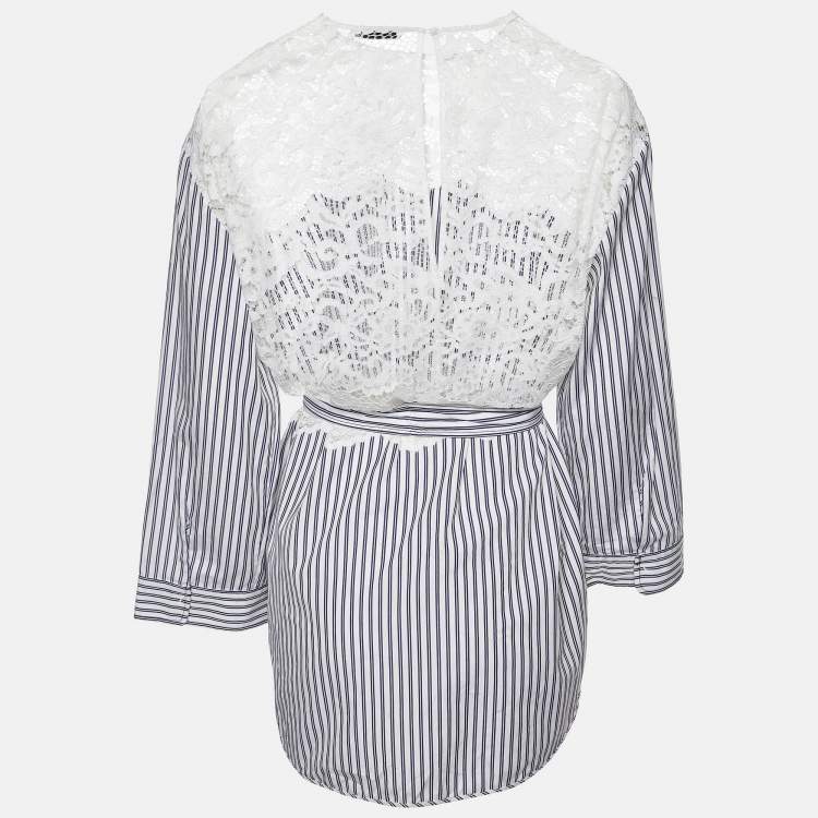 【海外限定】Sandroワンピース☆Oversized Lace-Trim Cotton-Ble Sandro White/Blue Striped Cotton Lace Trim Dorothee Top L