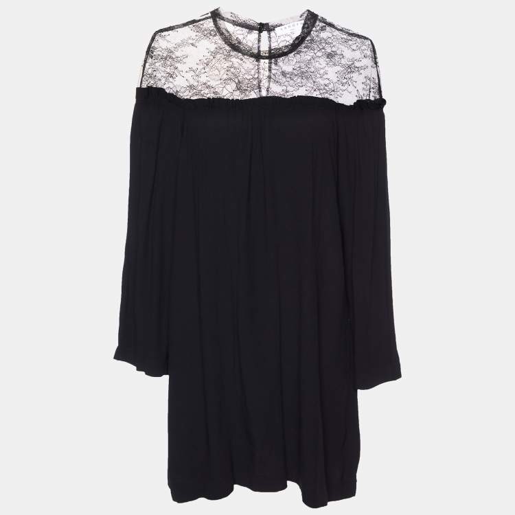 Pre Owned Sandro Black Crepe Lace Trim Shift Dress L