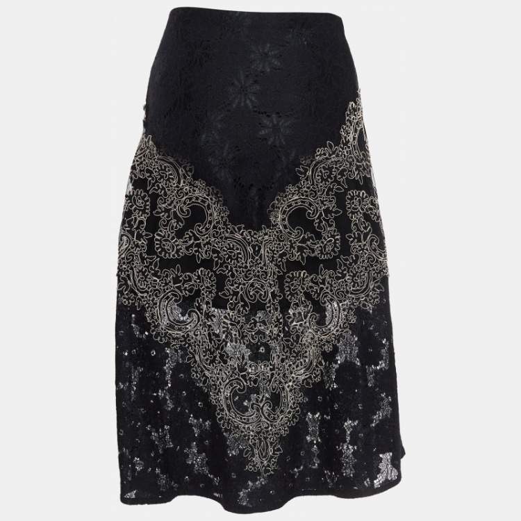 Pre Owned Sandro Black Lace Embroidered Midi Skirt S