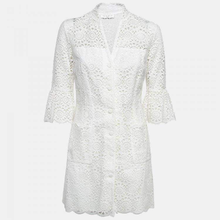 Pre Owned Sandro White Floral Lace Buttoned Front Mini Dress M