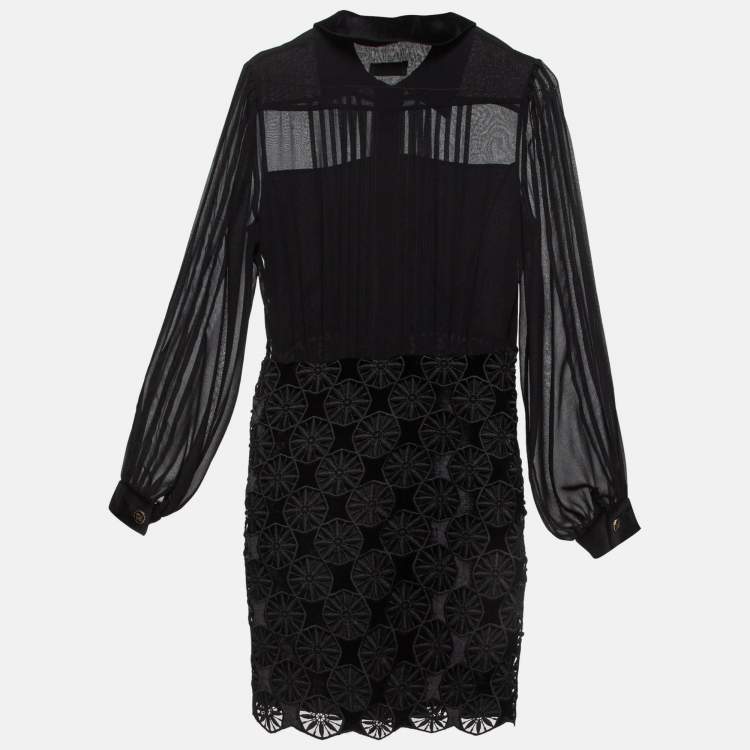 Pre Owned Sandro Black Velvet Lace and Crepe Mini Dress S