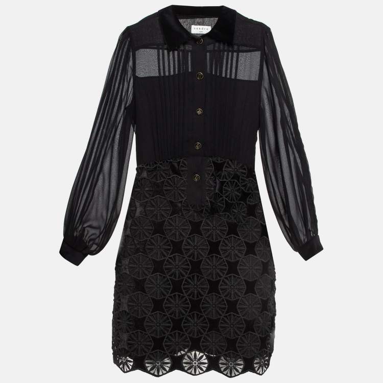 Pre Owned Sandro Black Velvet Lace and Crepe Mini Dress S