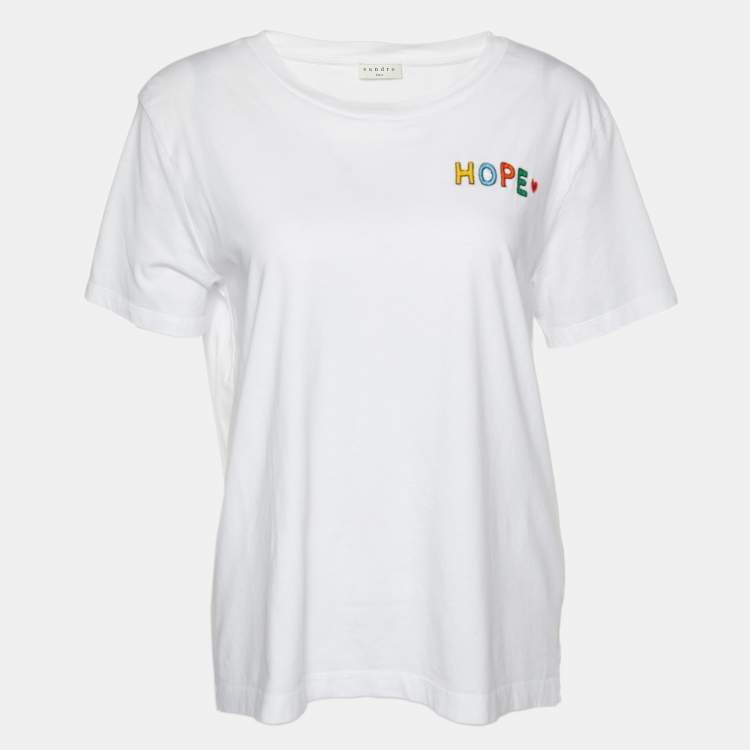 Pre Owned Sandro White Cotton Hope Embroidered Crew Neck T-Shirt S