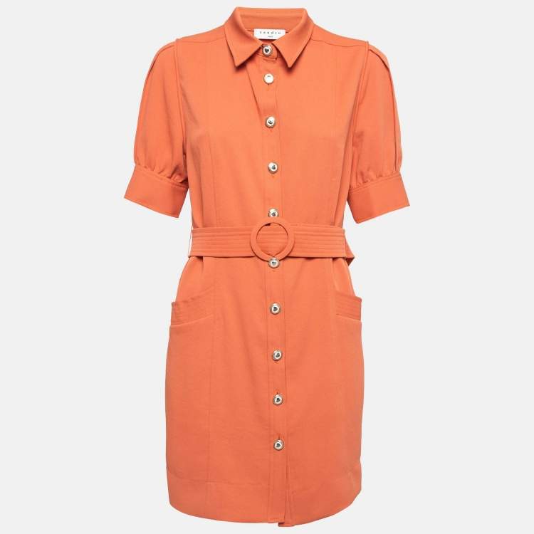Pre Owned Sandro Orange Stretch Knit Belted Joody Mini Dress M