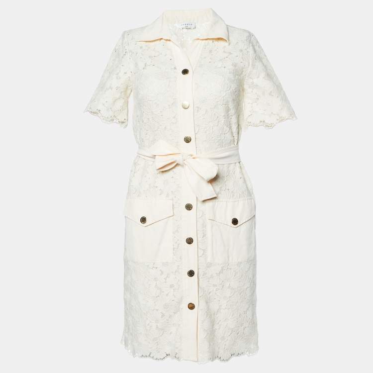 Pre Owned Sandro Ecru Guipure Lace Adrienne Belted Shirt Dress S