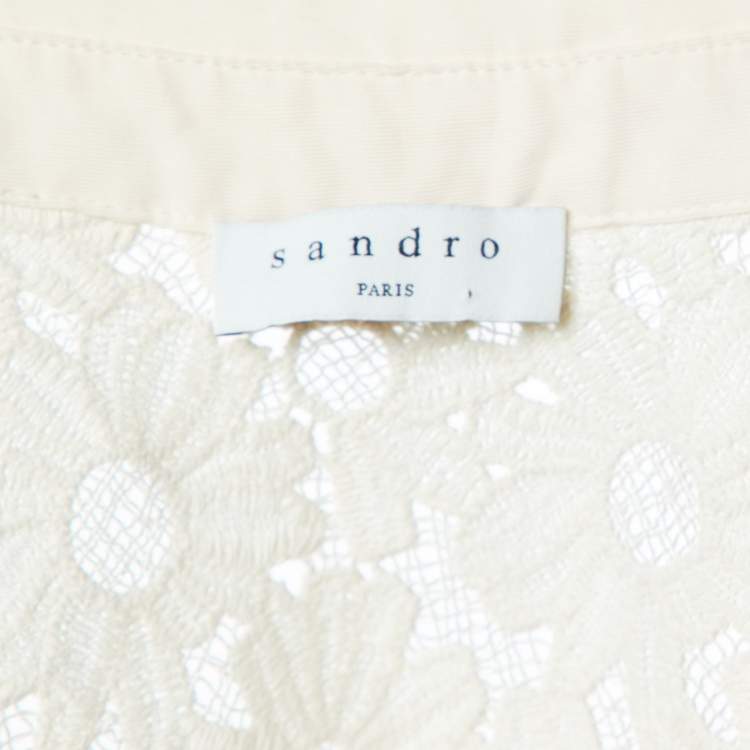 Pre Owned Sandro Ecru Guipure Lace Adrienne Belted Shirt Dress S