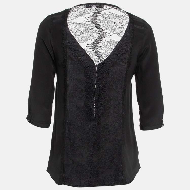 Pre Owned Sandro Black Silk Lace Trim Top S