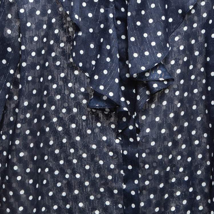 Pre Owned Sandro Navy Blue Metallic Thread Polka Dot Chiffon Shirt XS