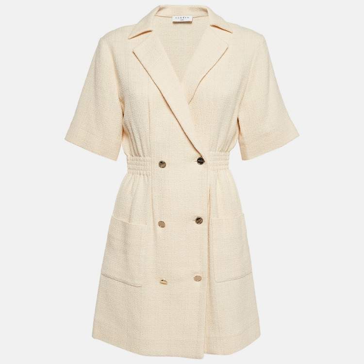 Pre Owned Sandro Beige Tweed Double Breasted Mini Dress XS