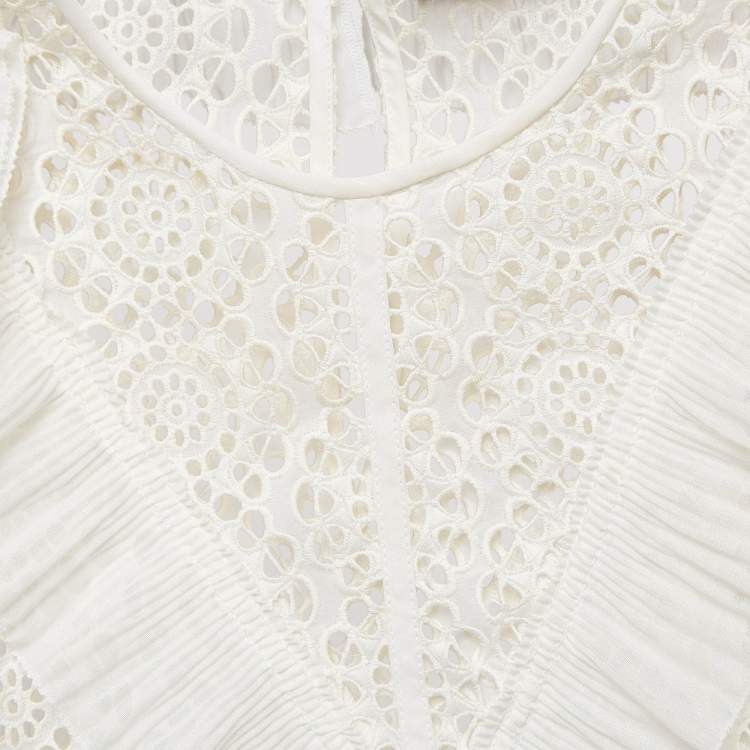 Pre Owned Sandro Off-White Lace Full Sleeve Ruffled Top M