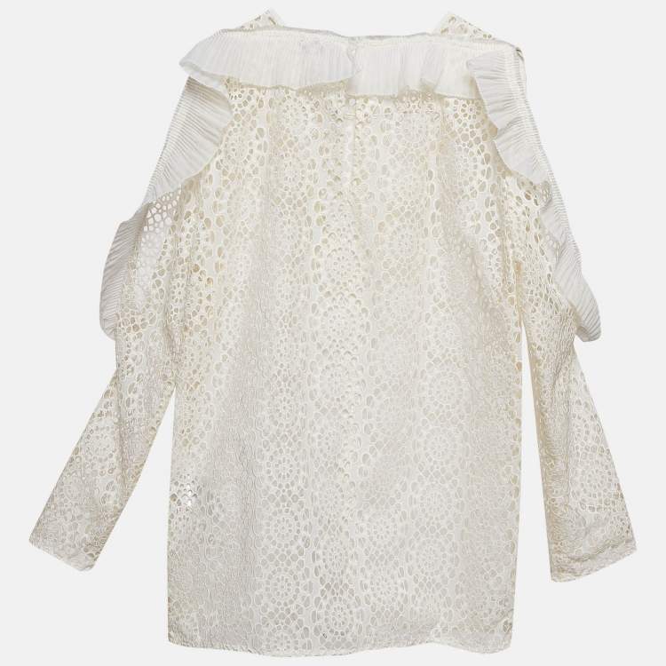 Pre Owned Sandro Off-White Lace Full Sleeve Ruffled Top M