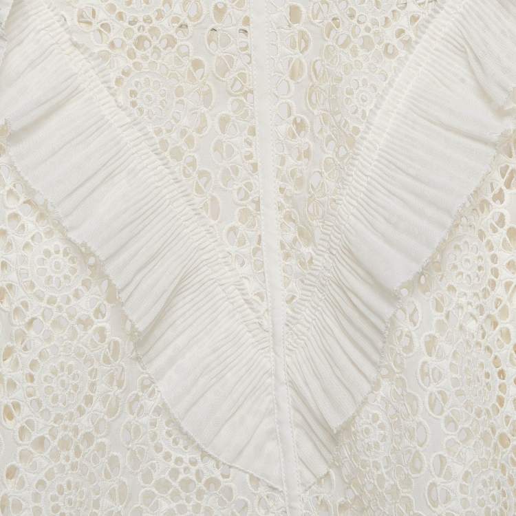 Pre Owned Sandro Off-White Lace Full Sleeve Ruffled Top M