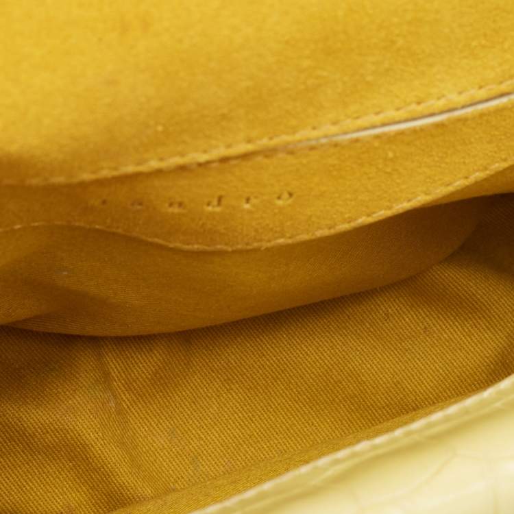 Pre Owned Sandro Yellow Croc Embossed Leather Chain Shoulder Bag