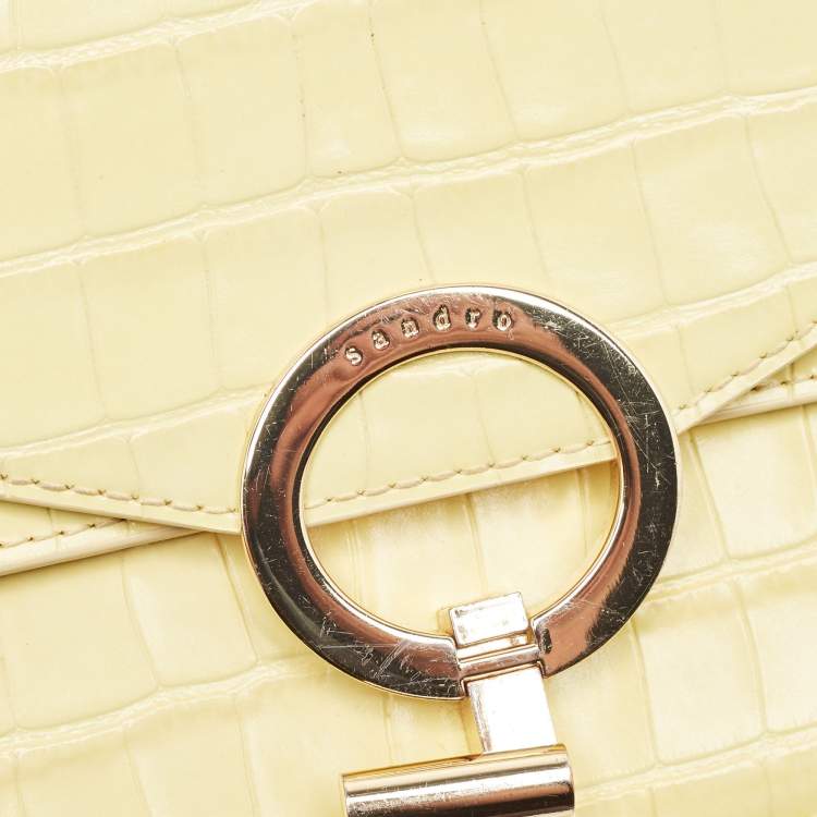 Pre Owned Sandro Yellow Croc Embossed Leather Chain Shoulder Bag