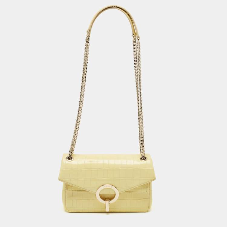 Pre Owned Sandro Yellow Croc Embossed Leather Chain Shoulder Bag