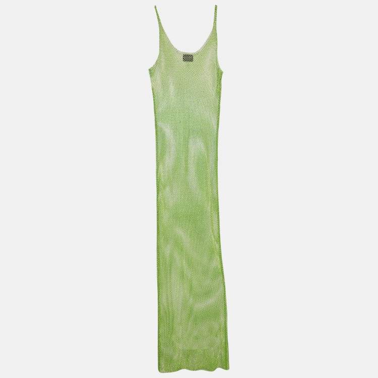 Pre Owned Santa Brands Green Rhinestone Embellished Mesh Sheer Maxi Dress One Size