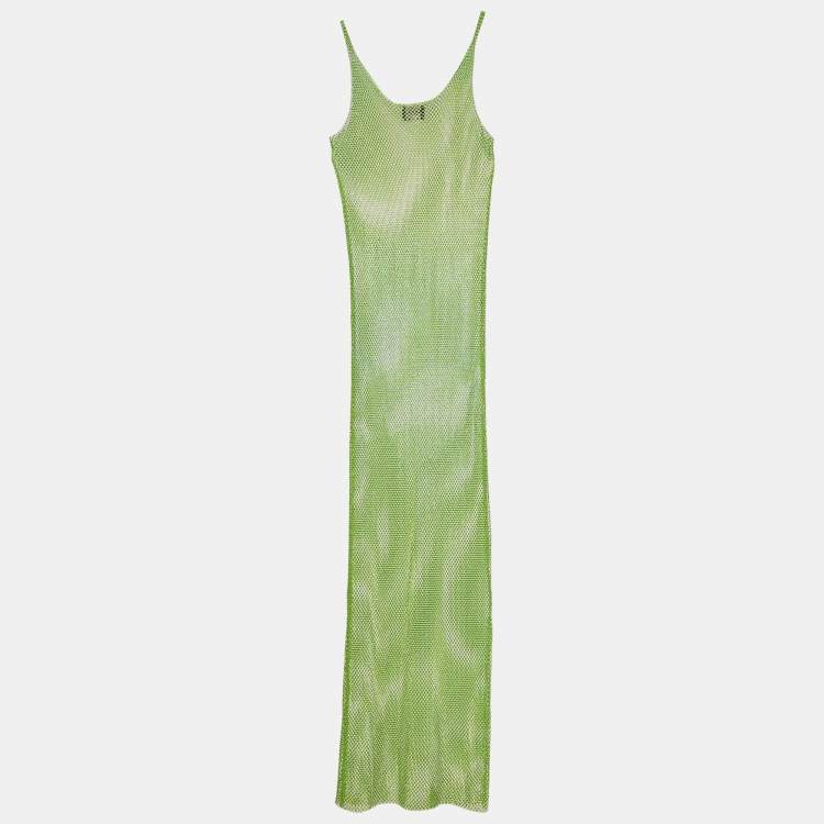 Pre Owned Santa Brands Green Rhinestone Embellished Mesh Sheer Maxi Dress One Size