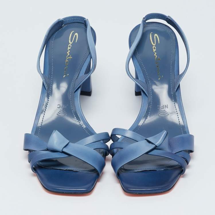 Pre Owned Santoni Blue Leather Forgive Slingback Sandals Size 38