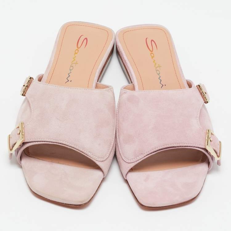 Pre Owned Santoni Pink Suede Double Buckle Flat Sandals Size 35