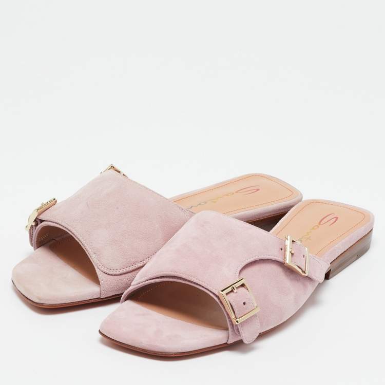 Pre Owned Santoni Pink Suede Double Buckle Flat Sandals Size 35