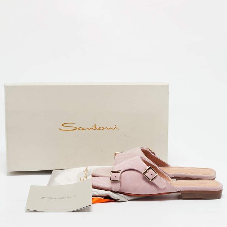 Pre Owned Santoni Pink Suede Double Buckle Flat Sandals Size 35