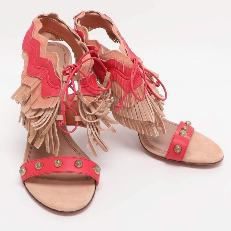 Pre Owned Santoni Multicolor Suede Fringe Lace Up Ankle Wrap Sandals 40