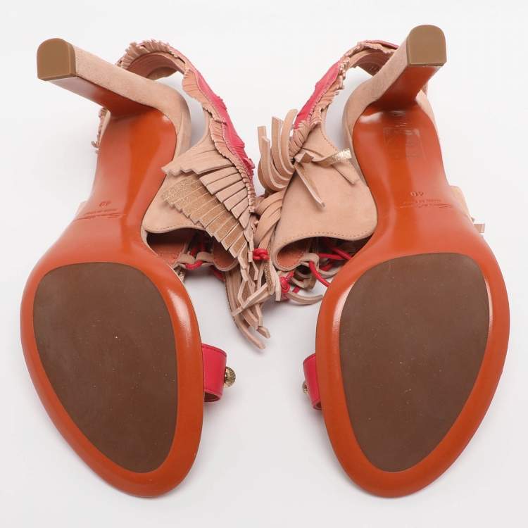 Pre Owned Santoni Multicolor Suede Fringe Lace Up Ankle Wrap Sandals 40