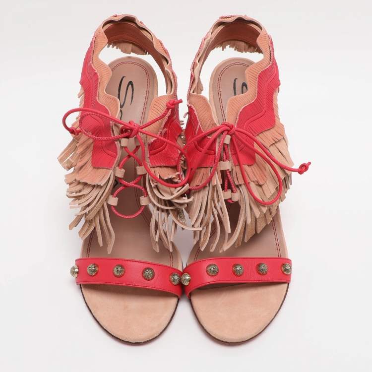 Pre Owned Santoni Multicolor Suede Fringe Lace Up Ankle Wrap Sandals 40