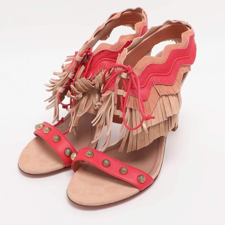 Pre Owned Santoni Multicolor Suede Fringe Lace Up Ankle Wrap Sandals 40