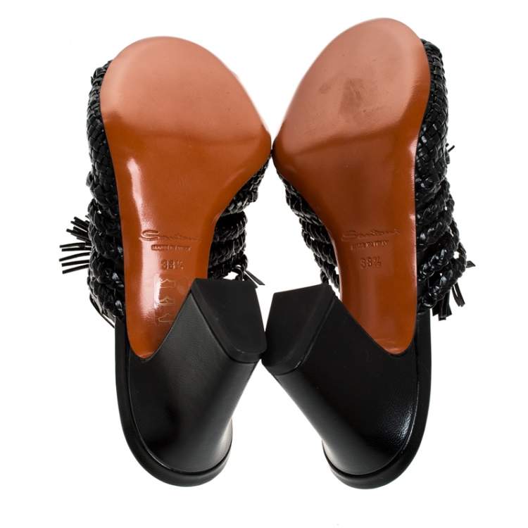 Pre Owned Santoni Black Woven Leather Fringe Detail Open Toe Mules Size 38.5