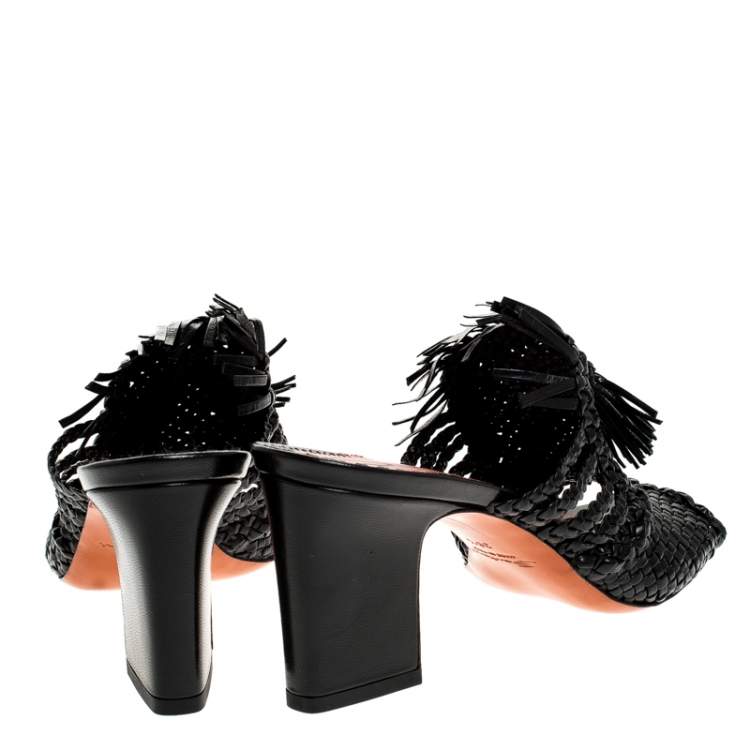 Pre Owned Santoni Black Woven Leather Fringe Detail Open Toe Mules Size 37