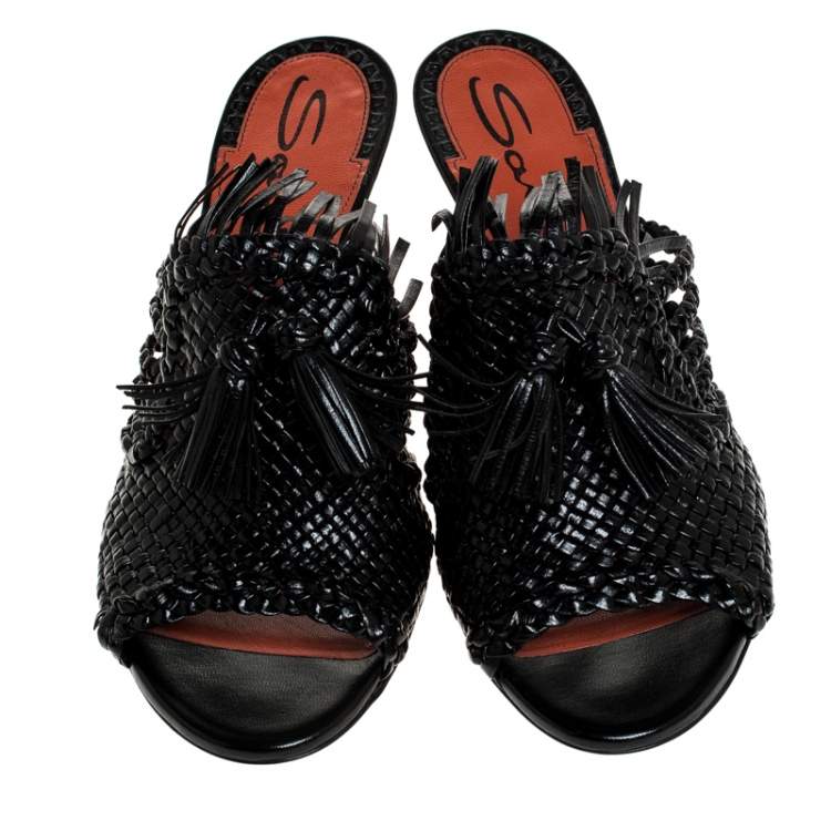 Pre Owned Santoni Black Woven Leather Fringe Detail Open Toe Mules Size 37