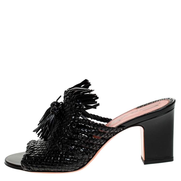 Pre Owned Santoni Black Woven Leather Fringe Detail Open Toe Mules Size 37
