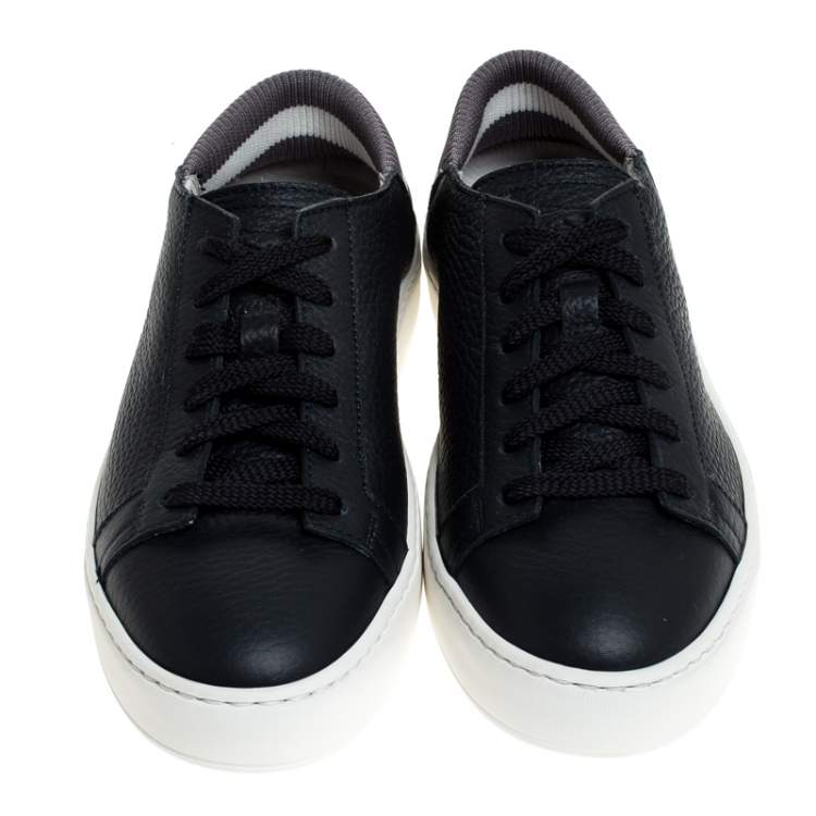 Pre Owned Santoni Dark Blue Leather and Elastic Band Lace Low Top Sneakers Size 38