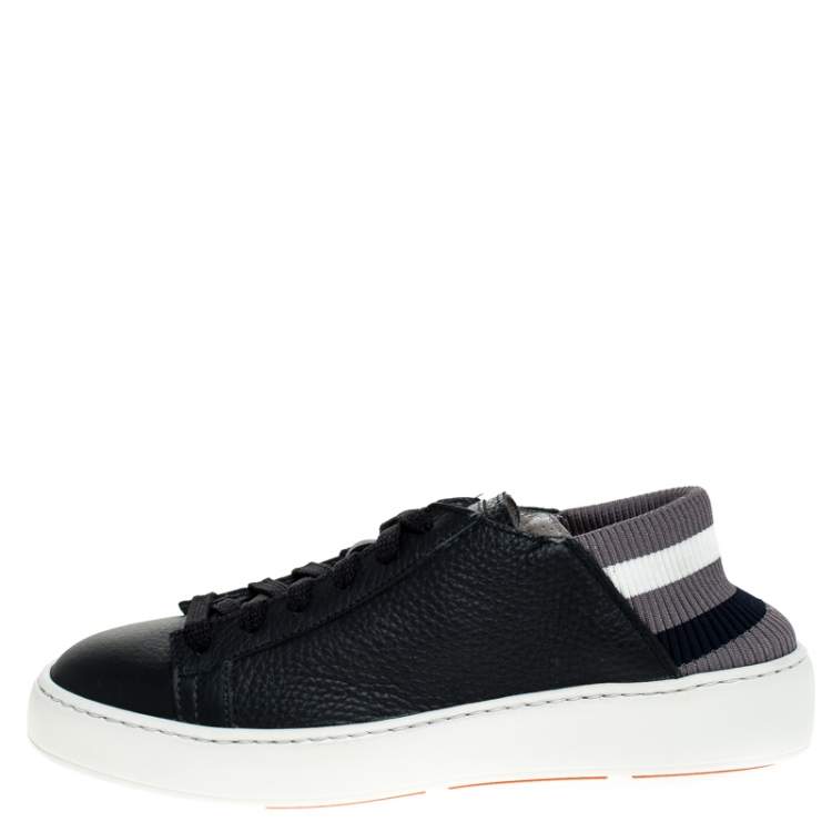 Pre Owned Santoni Dark Blue Leather and Elastic Band Lace Low Top Sneakers Size 40  
