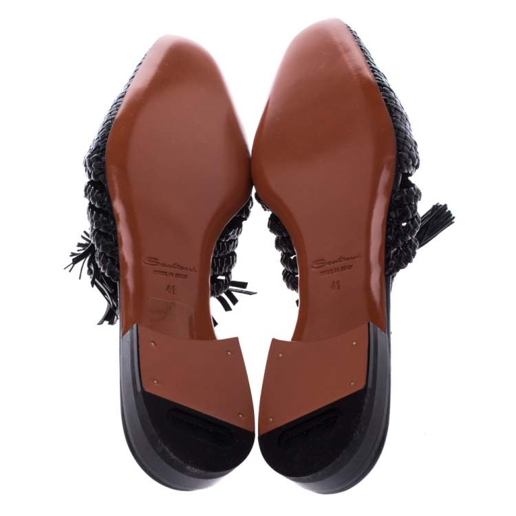 Pre Owned Santoni Black Woven Leather Fringe Detail Flat Mules Size 41