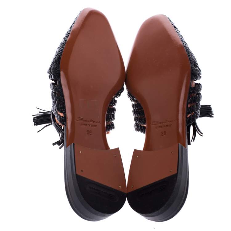 Pre Owned Santoni Black Woven Leather Fringe Detail Flat Mules Size 38
