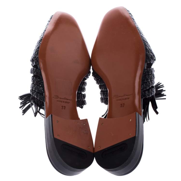 Pre Owned Santoni Black Woven Leather Fringe Detail Flat Mules Size 37