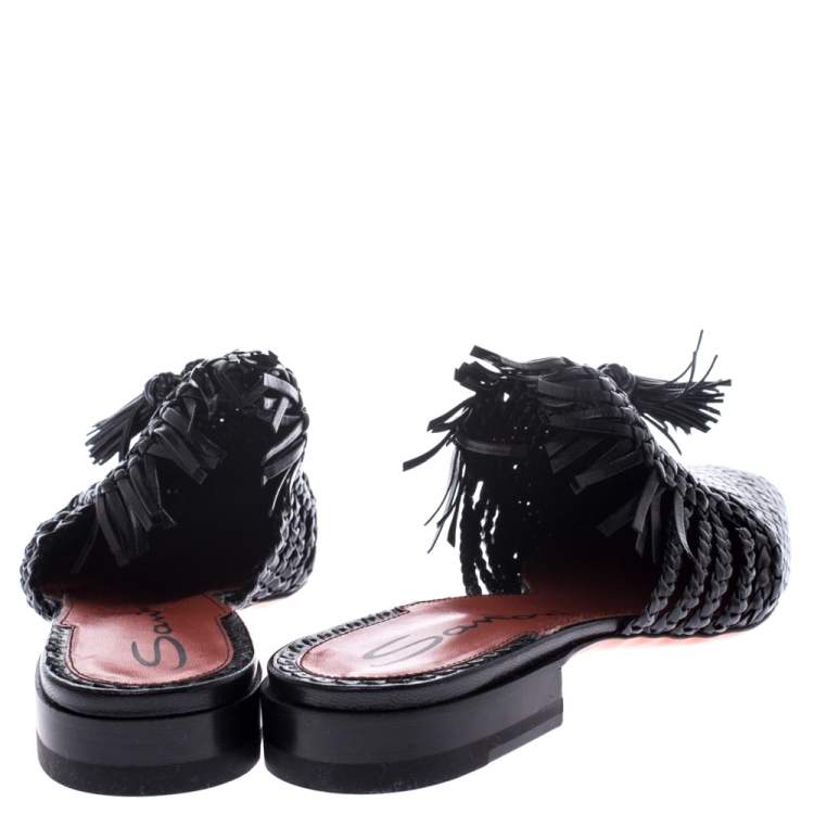 Pre Owned Santoni Black Woven Leather Fringe Detail Flat Mules Size 37
