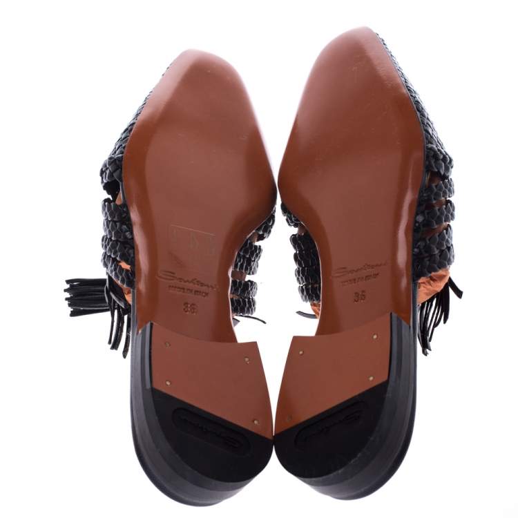 Pre Owned Santoni Black Woven Leather Fringe Detail Flat Mules Size 36